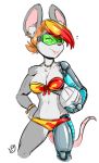  2018 anthro bikini bracelet breasts cleavage clothed clothing cybernetics cyborg duckdraw ear_piercing female fur grey_fur hair inner_ear_fluff jewelry looking_away machine mammal midriff mouse multicolored_hair navel necklace orange_hair piercing red_hair rodent simple_background solo sport swimsuit thick_bottom_lip visor volleyball white_background 