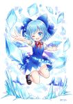  ;d bare_legs blue_eyes blue_hair bow cannan cirno hair_bow ice ice_crystal ice_wings mary_janes midair multicolored multicolored_clothes multicolored_skirt one_eye_closed open_mouth shoes skirt smile socks touhou wings 