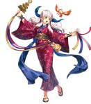  animal animal_print bangs bell bird bridal_gauntlets bug butterfly butterfly_print cozy eyebrows_visible_through_hair fire_emblem fire_emblem:_akatsuki_no_megami fire_emblem_heroes full_body highres holding insect japanese_clothes jingle_bell kagura_suzu kimono long_hair looking_away micaiah non-web_source obi official_art open_mouth sandals sash silver_hair transparent_background wide_sleeves yellow_eyes yukata yune 