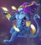  anthro aurelion_sol_(lol) blue_scales claws daikuhiroshiama dragon galaxy hair horn league_of_legends male muscular purple_hair reptile riot_games scales scalie solo space video_games 