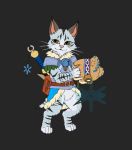  ambiguous_gender anthro armor bottomless capcom cat clothed clothing cora_valion digital_media_(artwork) dipstick_tail featureless_crotch feline felyne frostwyrm102 fur mammal monster_hunter multicolored_fur multicolored_tail simple_background striped_fur stripes video_games weapon whiskers 