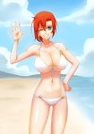  :d absurdres beach bikini boudica_(fate/grand_order) breasts cleavage commentary_request day der_zweite fate/grand_order fate_(series) front-tie_bikini front-tie_top green_eyes hair_between_eyes highres huge_breasts looking_at_viewer o-ring o-ring_bikini ocean one_eye_closed open_mouth red_hair shining_goddess short_hair smile solo swimsuit waving white_bikini 