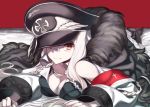  ass bare_shoulders black_panties blurry blurry_background boots breasts bright_pupils cleavage closed_mouth commentary_request depth_of_field dress fur_trim girls_frontline hair_between_eyes hat high_heel_boots high_heels kar98k_(girls_frontline) long_hair looking_at_viewer lying medium_breasts military_hat on_stomach pale_skin panties peaked_cap red_eyes short_dress sidelocks smile underwear white_hair white_pupils 