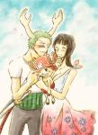  1girl 2boys black_hair green_hair holding leather_vest long_hair multiple_boys nico_robin one_piece reindeer roronoa_zoro short_hair smile tony_tony_chopper 