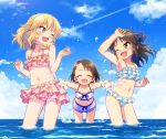  :d ;d ^_^ armpits bikini black_eyes black_hair blonde_hair blue_bow bow brown_eyes bunny_hair_ornament closed_eyes commentary_request flat_chest frilled_bikini frills green_eyes hair_ornament half_updo idolmaster idolmaster_cinderella_girls long_hair multiple_girls naoharu_(re_barna) navel ocean one_eye_closed open_mouth sakurai_momoka sasaki_chie short_hair smile splashing swimsuit tachibana_arisu wading wavy_hair 