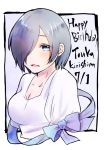  1girl blue_eyes blue_ribbon blush breasts character_name chii_(sbshop) cleavage collarbone commentary_request eyebrows_visible_through_hair eyes_visible_through_hair frame hair_over_one_eye happy_birthday kirishima_touka looking_to_the_side medium_breasts no_arms number open_eyes open_mouth purple_hair ribbon shiny shiny_hair shirt short_hair short_sleeves simple_background solo tokyo_ghoul white_background white_shirt 