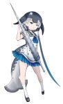  ascot black_choker black_hair blue_eyes blue_neckwear choker dress drillhorn_sword eyebrows_visible_through_hair full_body grey_hair ise_(0425) kemono_friends looking_at_viewer multicolored_hair narwhal_(kemono_friends) narwhal_tail puffy_short_sleeves puffy_sleeves sailor_collar sailor_dress short_sleeves simple_background solo white_background 