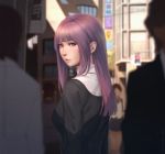  asagami_fujino blurry blurry_background blurry_foreground building closed_mouth expressionless from_behind highres kara_no_kyoukai lips long_hair looking_at_viewer looking_back miura-n315 purple_hair red_eyes solo_focus 