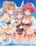  alternate_costume animal_ears ass_visible_through_thighs bangs bare_shoulders bikini blonde_hair blue_sky blush breasts cameltoe cat_ears cleavage commentary_request day highres hikari_(xenoblade_2) hinot homura_(xenoblade_2) large_breasts locked_arms long_hair looking_at_viewer multiple_girls navel niyah one-piece_swimsuit partially_visible_vulva red_eyes red_hair ribbon short_hair silver_hair sky smile sparkle spoilers swimsuit thigh_gap wading water xenoblade_(series) xenoblade_2 yellow_eyes 