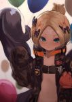 abigail_williams_(fate/grand_order) alternate_hairstyle balloon bandaid_on_forehead bandeau bangs belt black_bow black_jacket blonde_hair blue_eyes blush bow commentary_request fate/grand_order fate_(series) forehead hair_bow hair_bun heroic_spirit_traveling_outfit high_collar highres holding holding_stuffed_animal jacket long_hair looking_at_viewer navel open_clothes open_jacket orange_bow parted_bangs polka_dot polka_dot_bow sleeves_past_fingers sleeves_past_wrists solo stuffed_animal stuffed_toy teddy_bear zd_(pixiv6210083) 