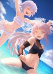  :d ;d ^_^ agrius_metamorphosis ahoge animal_ears armpits arms_up atalanta_(alter)_(fate) atalanta_(fate) bangs bare_shoulders bikini cat_ears cat_girl cat_tail closed_eyes cloud commentary_request day detached_sleeves dutch_angle fate/grand_order fate_(series) frilled_bikini frills fur_trim green_eyes hair_between_eyes highres jack_the_ripper_(fate/apocrypha) ju_go_(toamariitutu) long_hair multicolored_hair multiple_girls multiple_tails navel ocean one_eye_closed open_mouth outdoors partially_submerged scar short_hair silver_hair sitting sky smile splashing standing swimsuit tail teeth 