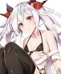  azur_lane bad_id bad_twitter_id bangs bare_shoulders black_legwear blush breasts commentary_request eyebrows_visible_through_hair fang hair_between_eyes hair_ornament hair_ribbon head_tilt long_hair looking_at_viewer off_shoulder red_eyes red_ribbon ribbon sidelocks silver_hair simple_background sitting small_breasts smile solo thighhighs twintails vampire_(azur_lane) very_long_hair white_background yayoichi_(yoruyoru108) 