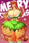  2018 anthro big_breasts breasts cat cleavage clothed clothing cookie eating english_text eyewear feline female food glasses green_eyes hair hand_on_hip hi_res holding_food holding_object jaeh looking_at_viewer loree mammal orange_hair short_hair solo text thick_thighs voluptuous wide_hips 