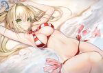  ahoge armpits arms_up beach bikini blonde_hair bracelet breasts cleavage criss-cross_halter earrings eyebrows_visible_through_hair fate/grand_order fate_(series) from_above green_eyes hair_intakes halterneck jewelry looking_at_viewer lying medium_breasts mins_(minevi) navel nero_claudius_(fate)_(all) nero_claudius_(swimsuit_caster)_(fate) on_back parted_lips partially_submerged side-tie_bikini smile solo striped striped_bikini swimsuit water 