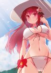  ass_visible_through_thighs bikini breasts cattleya_(flower_knight_girl) closed_mouth cloud day flower flower_knight_girl front-tie_bikini front-tie_top furrowed_eyebrows hair_flower hair_ornament hat jewelry kusumoto_miya large_breasts long_hair looking_at_viewer navel necklace outdoors red_eyes red_hair sky solo summer sun_hat swimsuit white_bikini white_hat 
