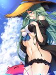  abs alternate_costume bikini blue_eyes blue_sky blush breasts cloud cloudy_sky commentary_request contrapposto cowboy_shot day enemy_lifebuoy_(kantai_collection) fang from_side green_hair hair_between_eyes hands_on_own_chest hat highres innertube kantai_collection long_hair lowleg lowleg_bikini medium_breasts navel open_mouth outdoors sky solo standing sun_hat swimsuit torisan very_long_hair yamakaze_(kantai_collection) 