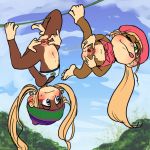  blush bottomless clothed clothing dixie_kong donkey_kong_(series) female mammal midara monkey nintendo one_eye_closed prehensile_feet presenting presenting_pussy primate pussy shirt spread_pussy spreading tiny_kong tongue tongue_out video_games 