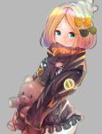  abigail_williams_(fate/grand_order) absurdres alternate_hairstyle am_(pixiv31714381) bad_id bad_pixiv_id bandaid_on_forehead bangs belt black_bow black_jacket blonde_hair blue_eyes bow commentary_request fate/grand_order fate_(series) forehead grey_background hair_bow hair_bun heroic_spirit_traveling_outfit high_collar highres hips holding holding_stuffed_animal jacket long_hair looking_at_viewer orange_bow parted_bangs polka_dot polka_dot_bow simple_background sleeves_past_fingers sleeves_past_wrists solo stuffed_animal stuffed_toy teddy_bear 