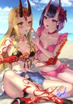  :d beach bikini black_bikini blonde_hair blush breasts cleavage day fangs fate/grand_order fate_(series) full_body_tattoo highres horns hot_dog ibaraki_douji_(fate/grand_order) ibaraki_douji_(swimsuit_lancer)_(fate) long_hair multiple_girls oni open_mouth pink_bikini pointy_ears purple_eyes purple_hair ryuki@maguro-ex short_hair shuten_douji_(fate/grand_order) sitting smile sweatdrop swimsuit tattoo yellow_eyes 