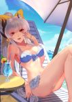  beach_chair beach_umbrella bikini blue_bikini bow breasts commentary_request douyougen eyebrows_visible_through_hair fate/grand_order fate_(series) flower frilled_bikini frills grey_hair hair_between_eyes hair_bow horns kiyohime_(fate/grand_order) kiyohime_(swimsuit_lancer)_(fate) long_hair looking_at_viewer medium_breasts navel ponytail red_eyes sitting smile solo swimsuit umbrella very_long_hair yellow_bow 