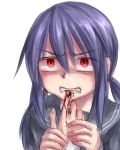  aosora_(mizore) biting blood finger_biting lowres original purple_hair red_eyes school_uniform serafuku solo_focus twintails yandere 