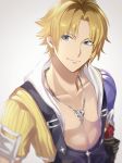  bad_id bad_pixiv_id bangs bare_chest black_overalls blonde_hair blue_eyes chain_necklace closed_mouth collarbone final_fantasy final_fantasy_x forehead gloves grey_background highres jewelry looking_at_viewer male_focus necklace parted_bangs short_sleeves silver_trim smile solo tidus upper_body yawai_tofu 