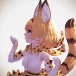 animal_ears bare_shoulders belt blonde_hair bow bowtie commentary_request elbow_gloves eyebrows_visible_through_hair gloves high-waist_skirt highres kemono_friends multicolored_hair paw_pose profile realistic serval_(kemono_friends) serval_ears serval_print serval_tail short_hair skirt sleeveless solo tail takami_masahiro upper_body yellow_eyes 