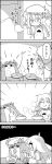 arms_up bowl closed_eyes comic commentary_request crescent curry doorway eating food greyscale hat hat_ribbon highres kirisame_marisa licking_lips mob_cap monochrome patchouli_knowledge pinching ribbon rice shaded_face shirt short_sleeves sitting smile spoon steam t-shirt table tani_takeshi tongue tongue_out touhou towel towel_on_head translation_request wide_sleeves yukkuri_shiteitte_ne 