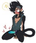  &lt;3 anthro black_fur black_hair blush clothing crouching cuntboy dango_(mitarashi) dildo facial_hair fur hair intersex mammal mitarashi monkey pink_eyes primate sex_toy shirt simple_background smile solo strapon white_background zipper 