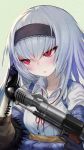  absurdres bangs calling chinese_commentary commentary_request corded_phone expressionless girls_frontline gloves gun handgun headband highres holding holding_gun holding_phone holding_weapon jacket phone red_eyes senkou_tobaku silver_hair simple_background solo thunder_(girls_frontline) upper_body vest weapon 