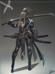  armor breasts claw_(weapon) dark_elf elf fingerless_gloves gloves grey_hair highres holding holding_sword holding_weapon large_breasts mask masquerade_mask metal_boots ootachi original pointy_ears ponytail shoulder_armor smjim1986 sword thighhighs_under_boots warrior weapon yellow_eyes 