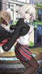  blue_neckwear commentary_request fate/grand_order fate_(series) fountain hair_between_eyes highres jeanne_d'arc_(alter)_(fate) jeanne_d'arc_(fate)_(all) looking_at_viewer necktie pantyhose plaid plaid_skirt shopping_bag skirt smile vane white_hair yellow_eyes 