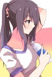  arm_up bangs blush bottle breasts brown_eyes brown_hair closed_mouth enelis fingernails gym_shirt hair_between_eyes hand_up holding holding_bottle long_hair original ponytail profile shirt short_sleeves sidelocks small_breasts solo water_bottle white_shirt 