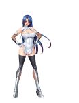  1girl bangs bare_shoulders black_legwear blue_hair blush breasts covered_navel curvy dress elbow_gloves eyebrows_visible_through_hair female fishnets full_body gloves gradient gradient_hair hands_on_hips happy heart heart-shaped_pupils highres kagami_hirotaka large_breasts lilith-soft long_hair looking_at_viewer multicolored_hair official_art open_mouth pelvic_curtain red_eyes shiny shiny_hair shiny_skin short_dress simple_background sleeveless smile solo standing symbol-shaped_pupils taimanin_(series) taimanin_asagi taimanin_asagi_zero taimanin_murasaki thighhighs turtleneck white_background yatsu_murasaki 