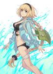  ass bag bangs bikini black_bikini blonde_hair blue_eyes blue_jacket braid breasts cleavage closed_mouth collarbone commentary fate/grand_order fate_(series) hairband highres jacket jeanne_d'arc_(fate)_(all) jeanne_d'arc_(swimsuit_archer) kusano_shinta large_breasts long_hair looking_at_viewer open_clothes open_jacket shoulder_bag simple_background smile solo swimsuit thighs very_long_hair water white_background 