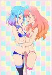  aikatsu! aikatsu!_(series) aikatsu_friends! asymmetrical_docking belly_to_belly black_legwear blue_bra blue_hair blue_panties bra braid breast_press breasts brown_eyes cleavage face-to-face french_braid gradient_hair highres hug long_hair minato_mio multicolored_hair multiple_girls ontaros open_mouth panties pink_bra pink_eyes pink_hair pink_panties ribbon short_hair small_breasts smile thighhighs underwear white_legwear yuri yuuki_aine 