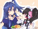  artist_name bangs bare_shoulders black_hair blue_hair blunt_bangs blush dated detached_sleeves feeding food frills hair_ornament hair_ribbon headphones heart highres jewelry kazanari_tsubasa kiraki long_hair maid_headdress multiple_girls necklace plate purple_eyes red_eyes ribbon senki_zesshou_symphogear senki_zesshou_symphogear_xd_unlimited short_sleeves side_ponytail smile spoon tsukuyomi_shirabe twintails wide_sleeves yuri 