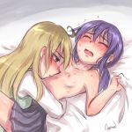  ahoge aosora_(mizore) bed_sheet blonde_hair blue_eyes blush breasts cardigan closed_eyes happy_sex long_hair multiple_girls no_shirt original purple_hair school_uniform serafuku sheet_grab skirt small_breasts yuri 