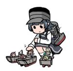  arare_(kantai_collection) brown_hair daihatsu_(landing_craft) daihatsu_landing_craft dress fairy_(kantai_collection) green_hair grey_hair hat kantai_collection landing_craft long_sleeves lowres multiple_girls petting pinafore_dress remodel_(kantai_collection) rigging school_uniform simple_background smile solid_circle_eyes squatting terrajin white_background white_legwear 