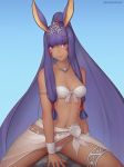  animal_ears arm_support armlet bikini blue_background breasts cleavage dark_skin earrings eyebrows_visible_through_hair eyelashes fate/grand_order fate_(series) front-tie_bikini front-tie_top high_ponytail highres hoop_earrings jewelry long_hair looking_at_viewer medium_breasts necklace nitocris_(fate/grand_order) nitocris_(swimsuit_assassin)_(fate) purple_eyes purple_hair rock sarong smile solo swimsuit tiara toned unsomnus very_long_hair white_bikini wristband 