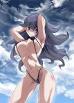  1girl @_@ bikini breasts creatures_(company) game_freak hairband hex_maniac_(pokemon) huge_breasts messy_hair micro_bikini nintendo pokemon purple_hair swimsuit 