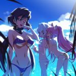  animal_ears arm_up ass ayame_(gundam_build_divers) bikini black_hair blue_eyes blue_hair breasts cat_ears cat_tail cleavage cloud covered_nipples day flat_chest green_eyes groin gundam gundam_build_divers hair_intakes kneepits leaning_forward long_hair looking_back mask mask_pull momo_(gundam_build_divers) multiple_girls navel ontaros open_mouth outdoors pink_bikini pink_hair pink_swimsuit ponytail purple_bikini purple_eyes purple_swimsuit sara_(gundam_build_divers) sky smile swimsuit tail very_long_hair yashiro_momoka yellow_bikini yellow_swimsuit 