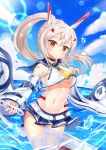  ascot ayanami_(azur_lane) azur_lane bandaid_on_arm bangs blue_sailor_collar blue_skirt blue_sky blush breasts brown_eyes choker closed_mouth cloud cloudy_sky commentary_request crop_top day detached_sleeves eyebrows_visible_through_hair groin hair_between_eyes hair_ornament hand_up head_tilt headgear high_ponytail highres holding holding_sword holding_weapon horizon light_brown_hair long_sleeves midriff navel no_bra ocean outdoors pleated_skirt ponytail sailor_collar school_uniform serafuku shirt skirt sky sleeveless sleeveless_shirt sleeves_past_wrists solo ss851251 standing sword thighhighs thighs underboob water weapon white_legwear white_shirt wide_sleeves yellow_neckwear 