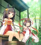  :d =_= animal_ears asa_(swallowtail) azur_lane bangs black_legwear blush brown_eyes brown_hair closed_eyes collarbone commentary_request day detached_sleeves dress eyebrows_visible_through_hair forest fox_ears hair_ornament hakama holding holding_hose hose japanese_clothes kimono long_hair long_sleeves multiple_girls mutsu_(azur_lane) nagato_(azur_lane) nature nontraditional_miko open_mouth outdoors pleated_dress rainbow red_dress red_hakama ribbon-trimmed_sleeves ribbon_trim short_hair short_kimono smile standing standing_on_one_leg strapless strapless_dress thighhighs tree very_long_hair water white_kimono wide_sleeves 
