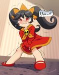  1girl artist_name ashley_(warioware) bangs between_legs black_hair blush closed_mouth collarbone crying dress embarrassed eyebrows_visible_through_hair female flat_chest full_body hairband hand_between_legs hands_together have_to_pee indoors kakuume legs_apart long_hair long_sleeves nintendo nose_blush orange_hairband orange_neckwear red_dress red_eyes red_footwear shiny shiny_hair shoes signature skull solo speech_bubble standing tears tied_hair trembling twintails v_arms warioware wavy_mouth 