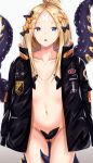  abigail_williams_(fate/grand_order) alternate_hairstyle ass_visible_through_thighs bad_id bad_pixiv_id bandaid_on_forehead bangs belt black_bow black_jacket blonde_hair blue_eyes blush bow breasts collarbone commentary_request farys_(afopahqfw) fate/grand_order fate_(series) forehead hair_bow hair_bun heroic_spirit_traveling_outfit high_collar highres jacket long_hair looking_at_viewer naked_coat navel open_clothes open_jacket orange_bow parted_bangs pasties polka_dot polka_dot_bow revision sleeves_past_fingers sleeves_past_wrists small_breasts solo tentacles thighs 