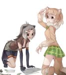  all_fours american_beaver_(kemono_friends) animal_ears bare_shoulders beaver_ears beaver_tail bike_shorts bike_shorts_under_shorts black-tailed_prairie_dog_(kemono_friends) boots bow bowtie bra brown_hair commentary elbow_gloves extra_ears eyebrows_visible_through_hair forehead fur_collar gloves grey_hair hair_ornament hairclip highres kemono_friends kneeling light_brown_hair long_sleeves multicolored_hair multiple_girls paper plaid plaid_skirt pleated_skirt prairie_dog_ears prairie_dog_tail short_hair shorts skirt sleeveless sweater tail thighhighs tito_(men-hukurou) underwear vest 