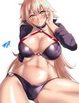  absurdres bangs bikini black_bikini black_jacket blonde_hair blush breasts choker cleavage closed_mouth collarbone commentary_request cropped_jacket fate/grand_order fate_(series) hair_between_eyes hand_in_hair highres hips jacket jeanne_d'arc_(alter_swimsuit_berserker) jeanne_d'arc_(fate)_(all) kisaragi_(legobionicle23) large_breasts long_hair looking_at_viewer navel o-ring shrug_(clothing) simple_background smile solo sweatdrop swimsuit tan thighs very_long_hair white_background yellow_eyes 