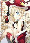  1girl antlers bangs bikini_top black_bikini_top blonde_hair blue_eyes blush breasts christmas colt_m1873_(girls_frontline) commentary_request cowboy_hat drill_hair eyebrows_visible_through_hair facial_mark fur-trimmed_gloves fur-trimmed_jacket fur-trimmed_skirt fur_collar fur_trim garter_straps girls_frontline gloves gun hair_ornament hand_up handgun hat head_tilt highres holding holding_gun holding_weapon jacket legs_crossed long_hair looking_at_viewer looking_to_the_side merry_christmas object_hug off_shoulder parted_lips pom_pom_(clothes) red_gloves red_hat red_jacket red_legwear red_skirt revolver single_thighhigh sitting skirt small_breasts solo star star_print striped striped_legwear thighhighs trigger_discipline tuchinokoeffect twin_drills twintails vertical-striped_legwear vertical_stripes very_long_hair weapon weapon_request 