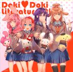  &gt;_o :d ;) animal_ears animal_hood black_legwear blue_eyes blue_skirt bow brown_hair bunny_hood capelet cat_ears cinnamoroll commentary copyright_name doki_doki_literature_club green_eyes hair_between_eyes hair_bow hair_ornament hair_ribbon hairclip hand_on_hip hand_on_own_chin hello_kitty hello_kitty_(character) highres hood hooded_capelet knife light_smile long_hair looking_at_viewer monika_(doki_doki_literature_club) multiple_girls my_melody natsuki_(doki_doki_literature_club) one_eye_closed onegai_my_melody open_mouth outstretched_arms pen pink_eyes pink_hair pleated_skirt polka_dot polka_dot_background pompompurin ponytail purple_eyes purple_hair red_bow red_ribbon ribbon sanrio sayori_(doki_doki_literature_club) school_uniform short_hair skirt smile thighhighs white_ribbon yakusuke yuri_(doki_doki_literature_club) 